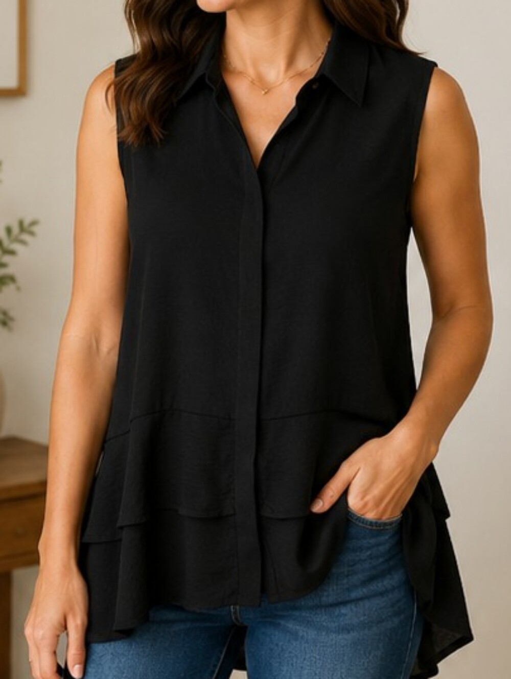 Simply Vera Vera Wang Black High Low Ruffle Sleeveless Top L